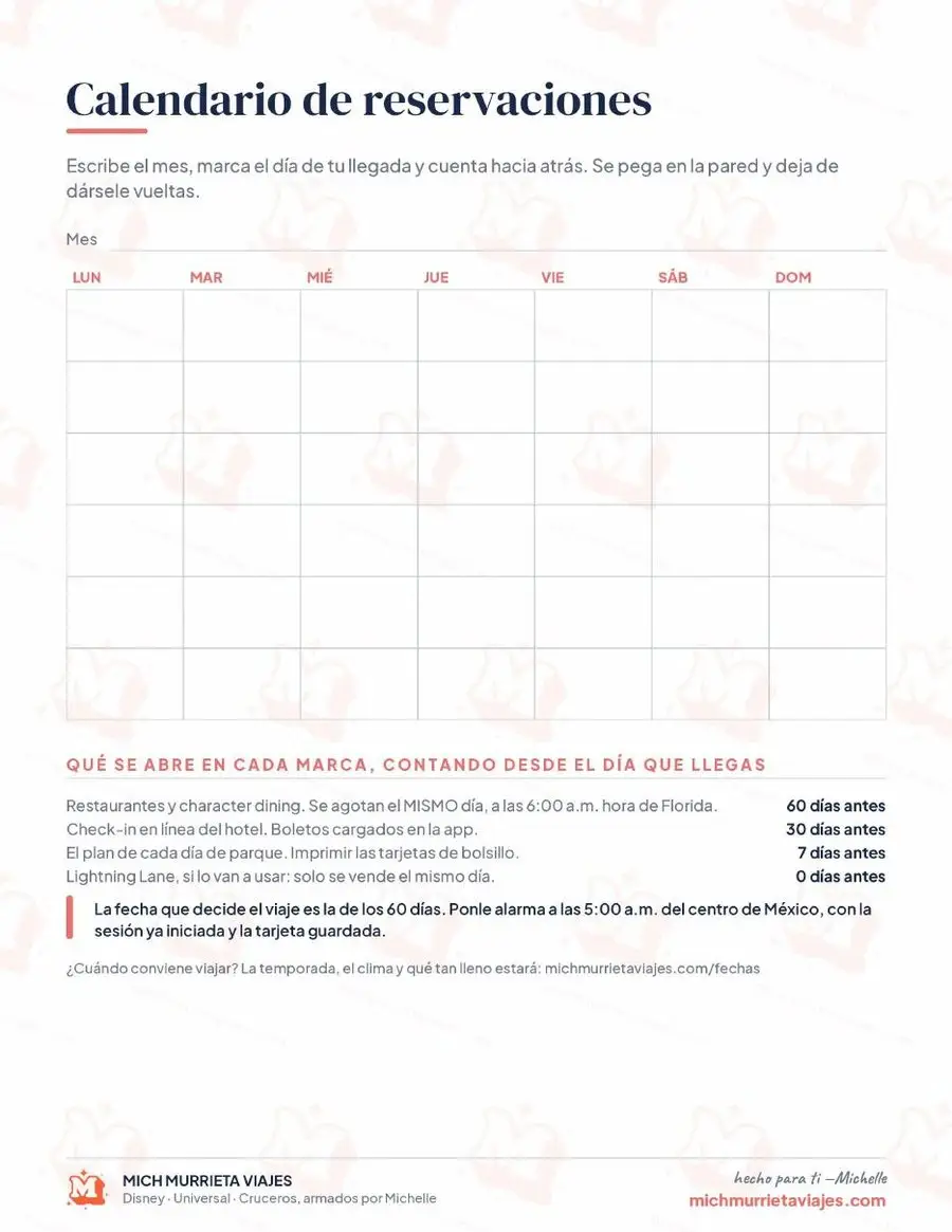 Primera página de Calendario de reservaciones